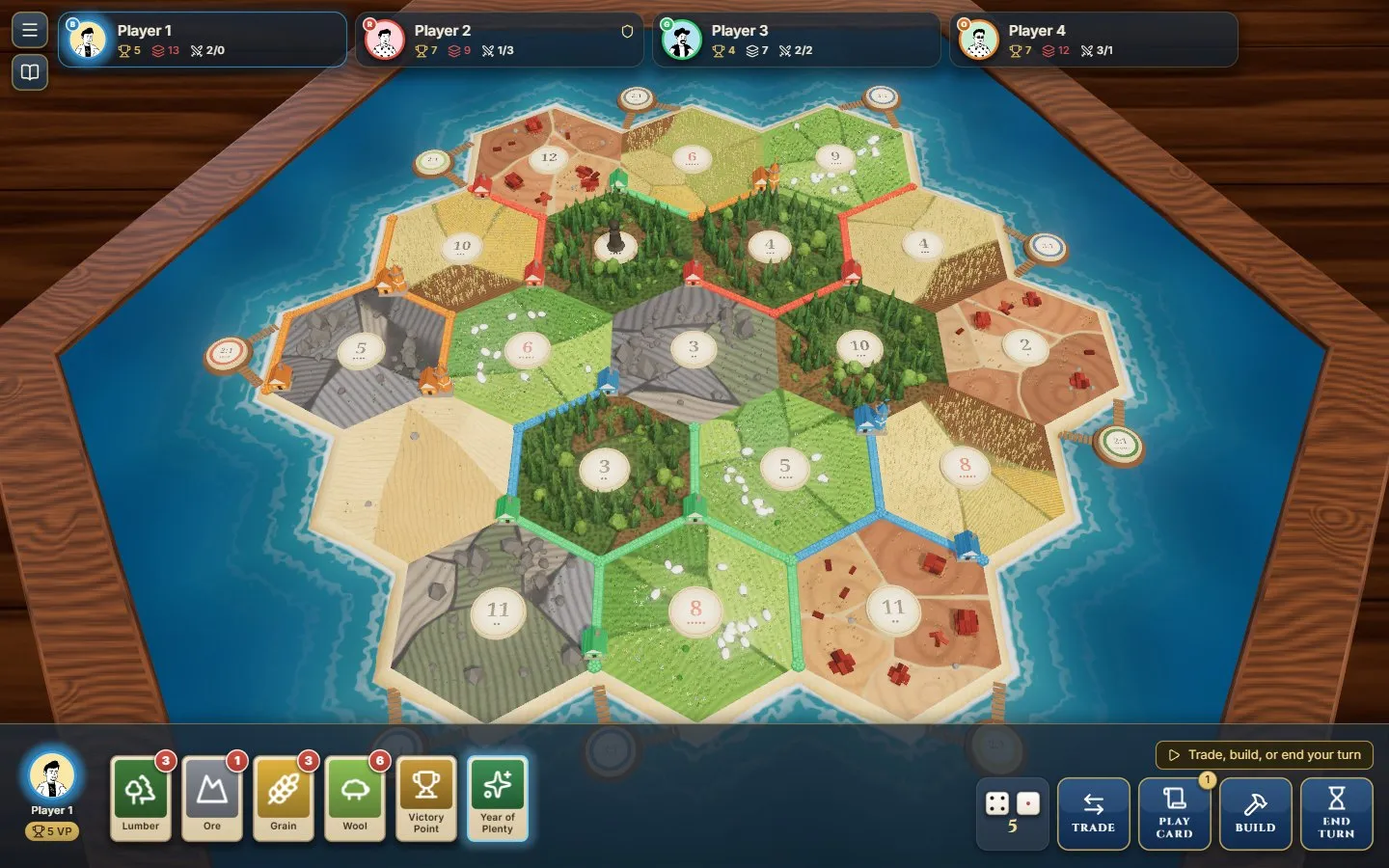 A game of Catan late on: settlements, cities and roads of four players across the island
