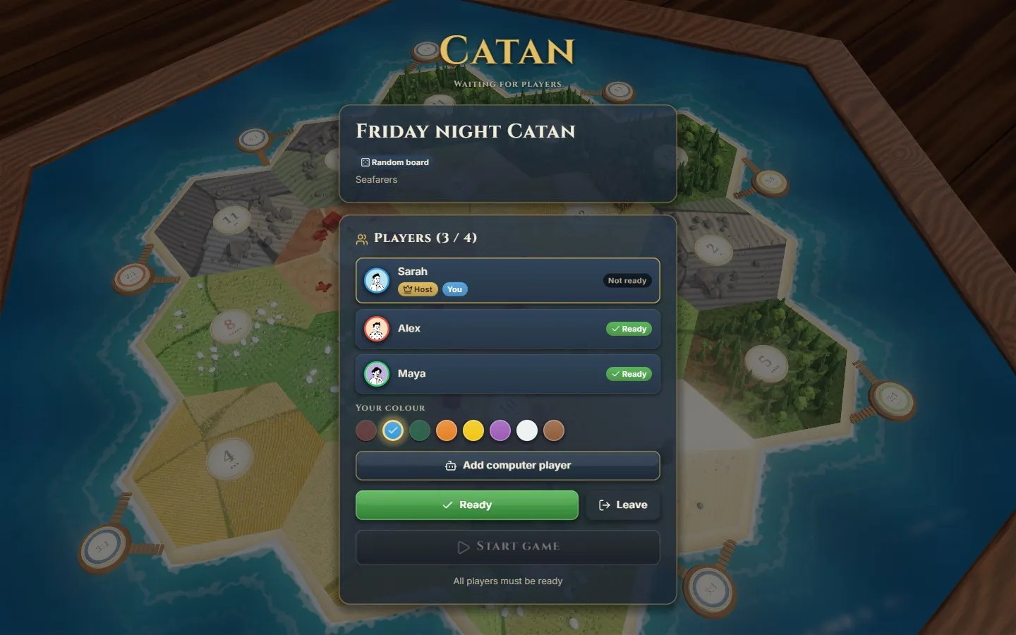 A lobby with three players, two ready