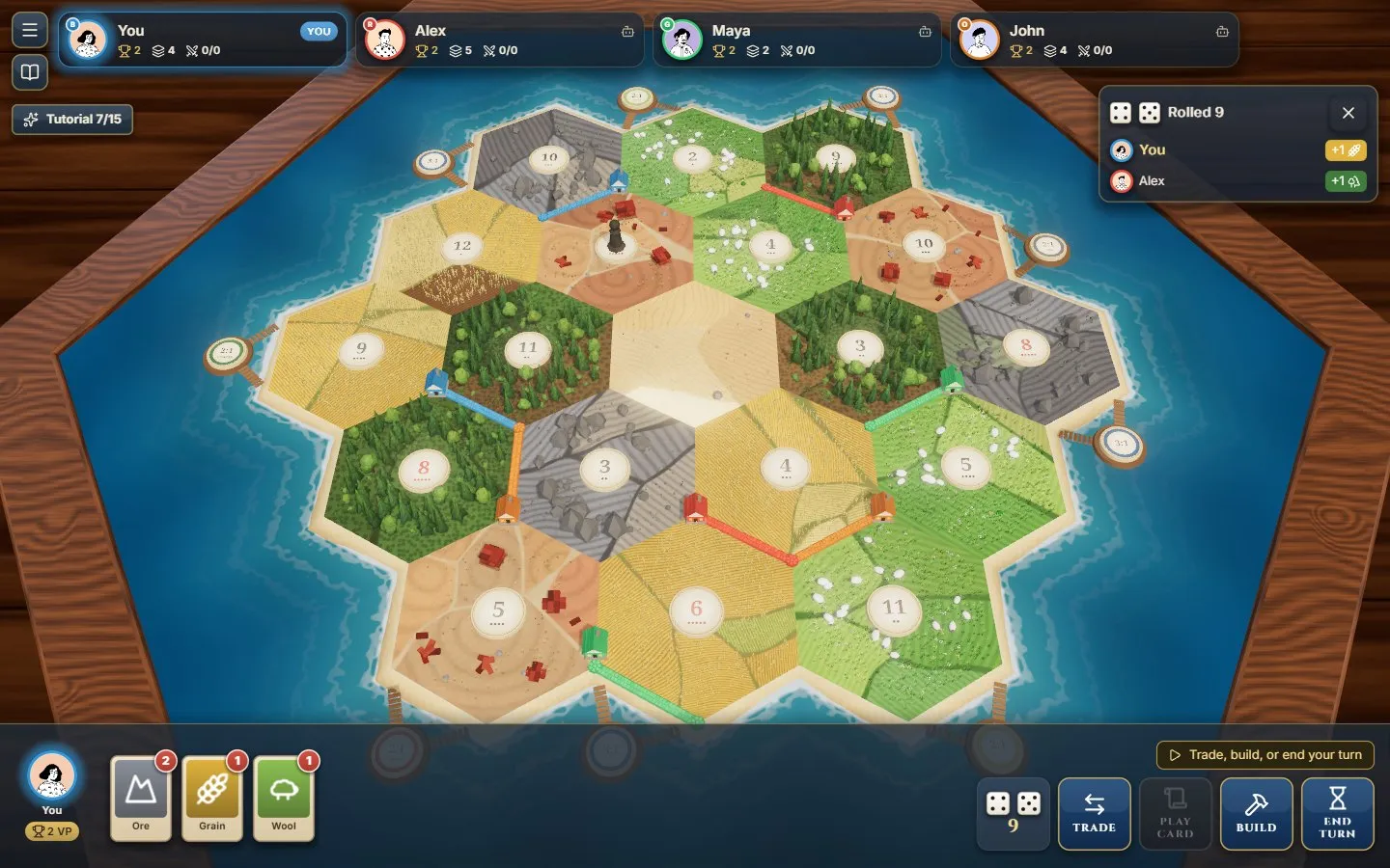 The dice rolled; the panel on the right lists what each player received