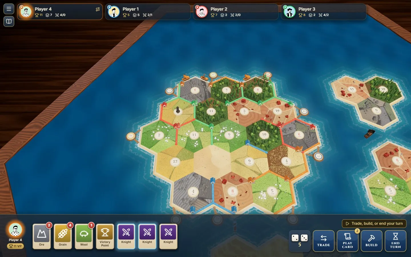 A Seafarers game: ships and settlements on the main island and the islands beyond