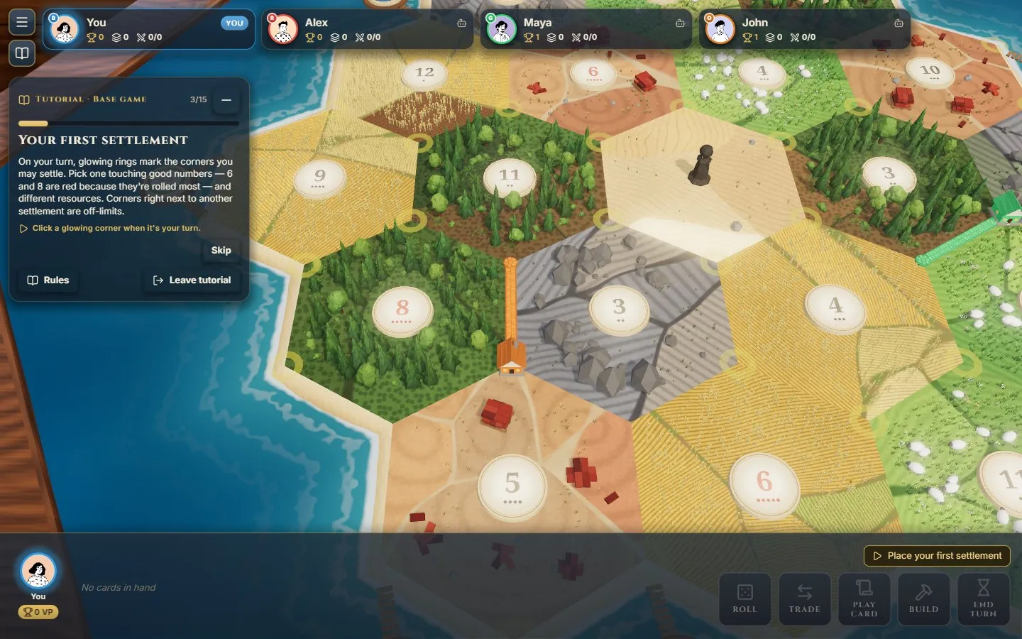 Placing the first settlement: the valid corners glow