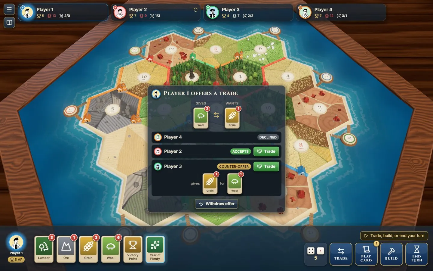 The answers: one player accepts, one counters, one declines; a Trade button by each yes