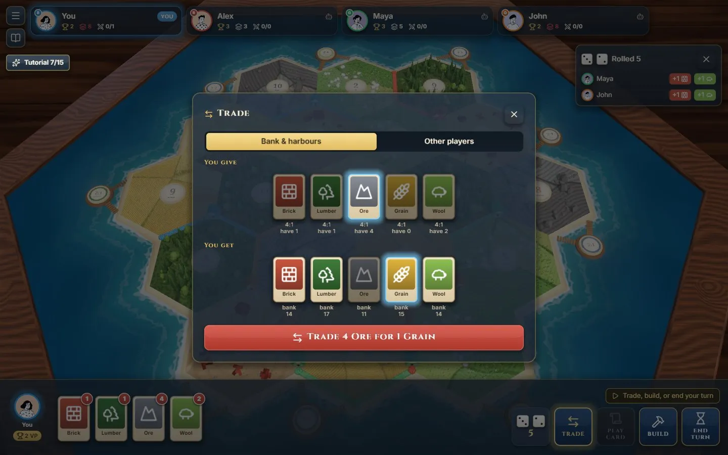 Trading four cards with the bank for one