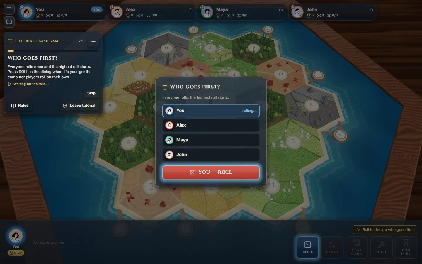 Everyone rolls to decide who goes first; the tutorial coach introduces the game